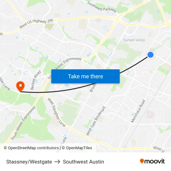 Stassney/Westgate to Southwest Austin map
