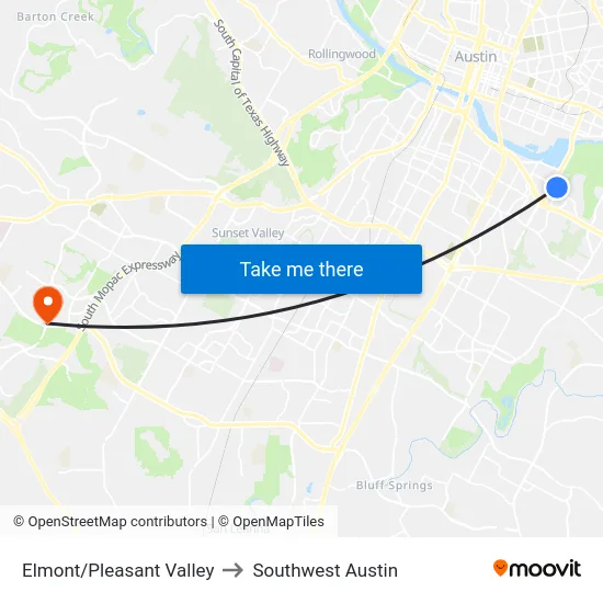 Elmont/Pleasant Valley to Southwest Austin map