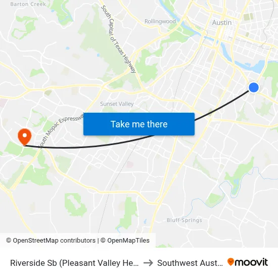 Riverside Sb (Pleasant Valley Heb) to Southwest Austin map