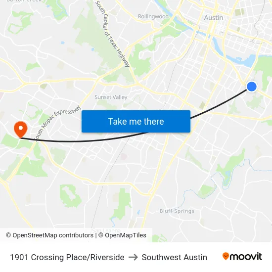 1901 Crossing Place/Riverside to Southwest Austin map