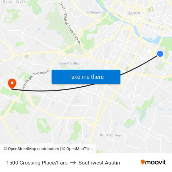 1500 Crossing Place/Faro to Southwest Austin map
