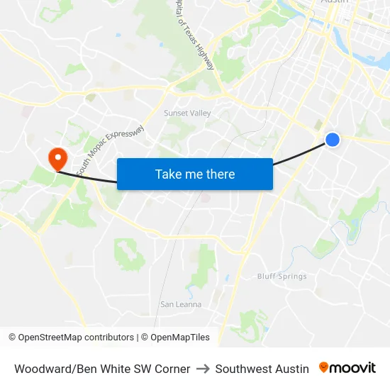 Woodward/Ben White SW Corner to Southwest Austin map