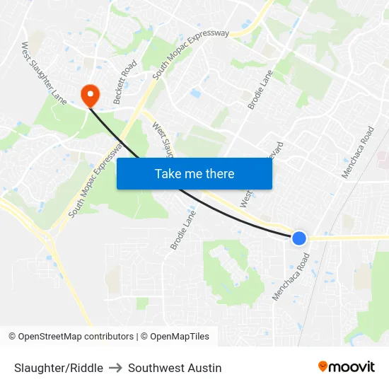 Slaughter/Riddle to Southwest Austin map