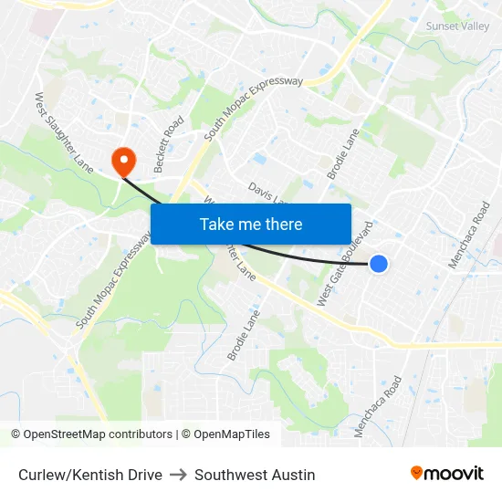 Curlew/Kentish Drive to Southwest Austin map