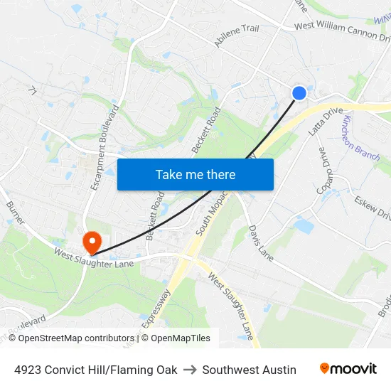 4923 Convict Hill/Flaming Oak to Southwest Austin map