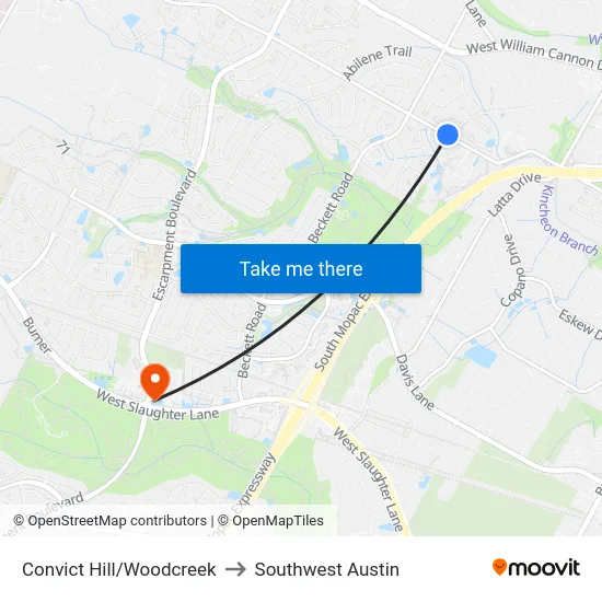 Convict Hill/Woodcreek to Southwest Austin map