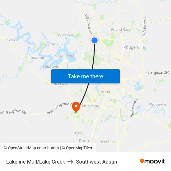 Lakeline Mall/Lake Creek to Southwest Austin map