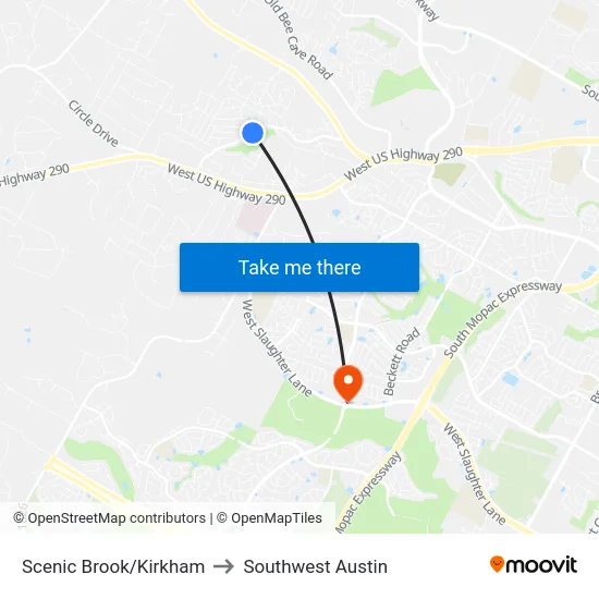 Scenic Brook/Kirkham to Southwest Austin map