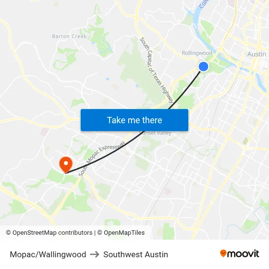Mopac/Wallingwood to Southwest Austin map