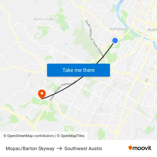 Mopac/Barton Skyway to Southwest Austin map