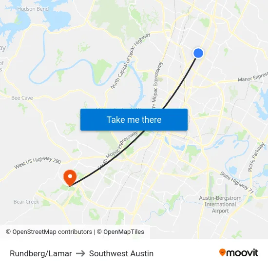 Rundberg/Lamar to Southwest Austin map