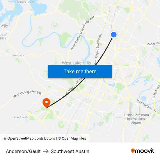 Anderson/Gault to Southwest Austin map