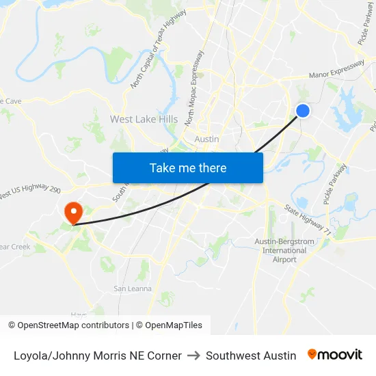 Loyola/Johnny Morris NE Corner to Southwest Austin map