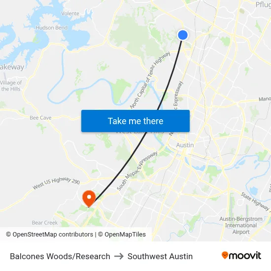 Balcones Woods/Research to Southwest Austin map