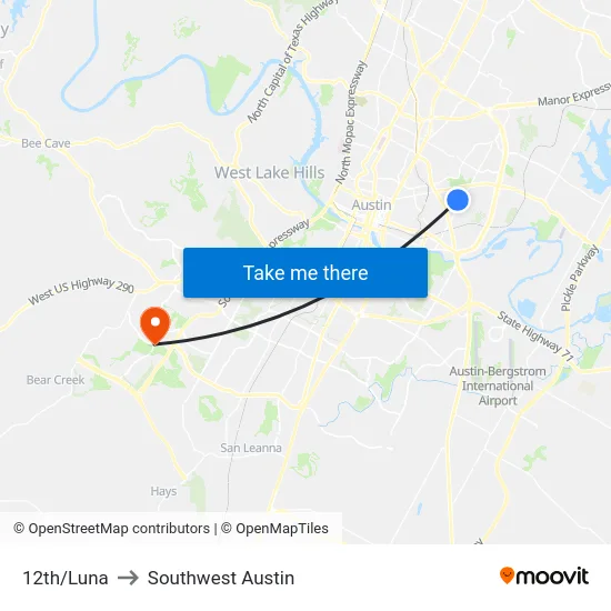 12th/Luna to Southwest Austin map