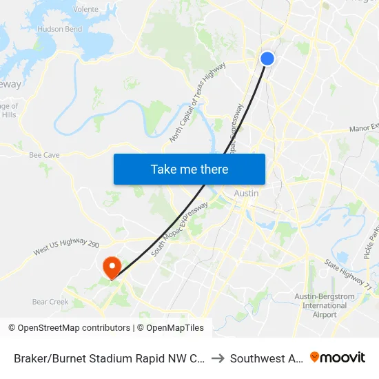 Braker/Burnet Stadium Rapid NW Corner (Sb) to Southwest Austin map