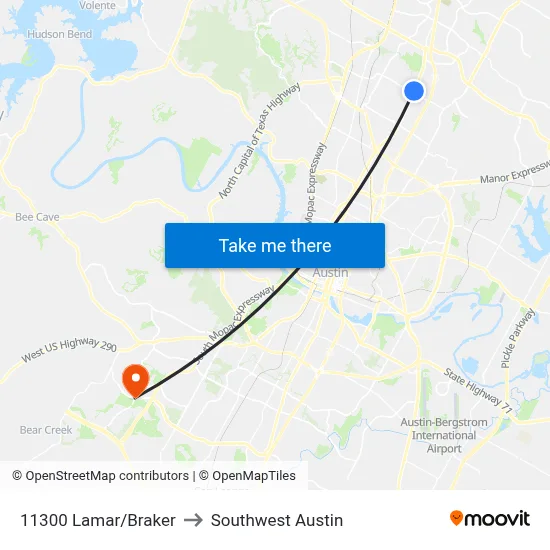 11300 Lamar/Braker to Southwest Austin map