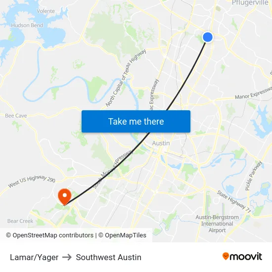 Lamar/Yager to Southwest Austin map