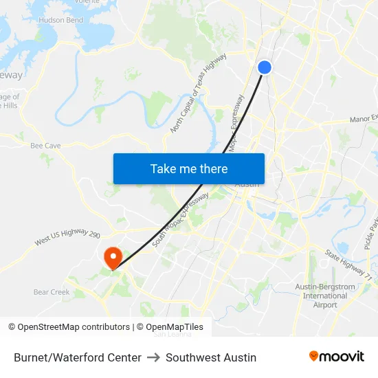 Burnet/Waterford Center to Southwest Austin map