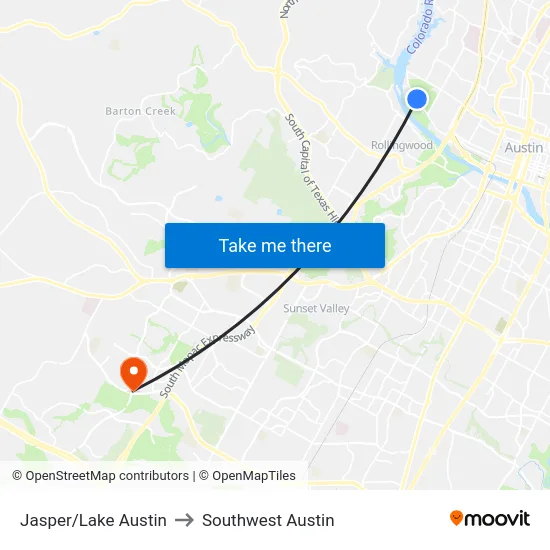Jasper/Lake Austin to Southwest Austin map