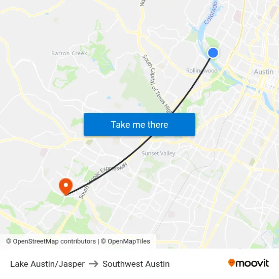 Lake Austin/Jasper to Southwest Austin map