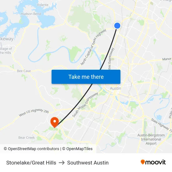 Stonelake/Great Hills to Southwest Austin map