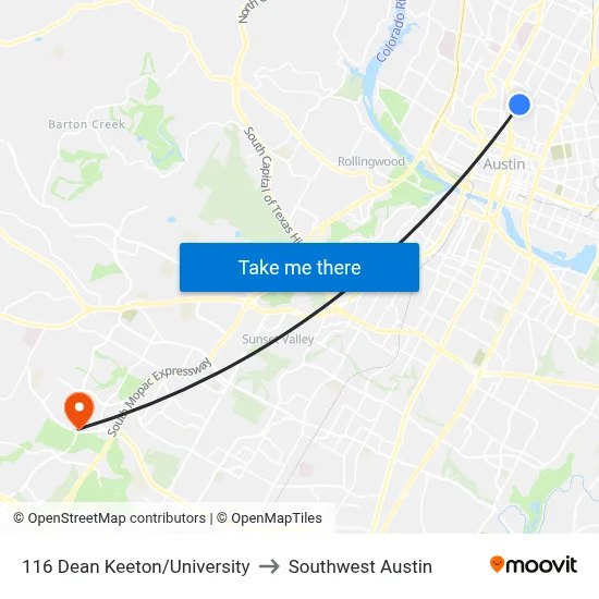 116 Dean Keeton/University to Southwest Austin map