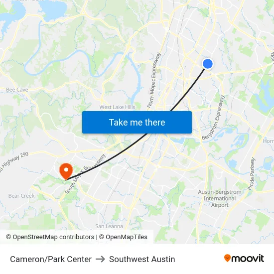 Cameron/Park Center to Southwest Austin map