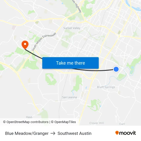 Blue Meadow/Granger to Southwest Austin map