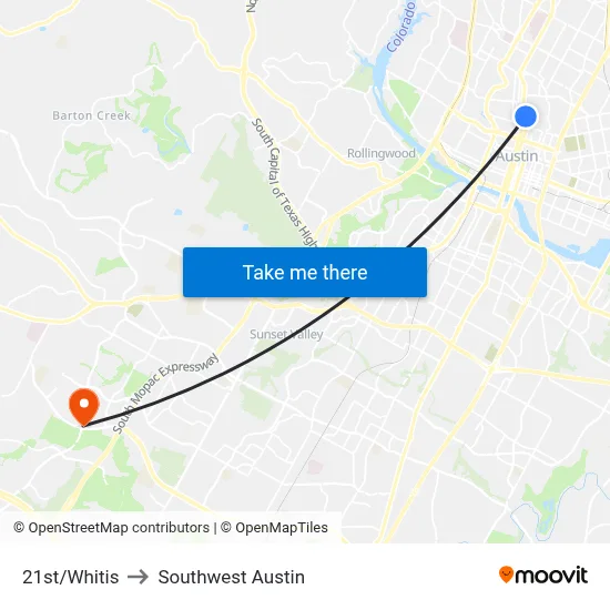 21st/Whitis to Southwest Austin map