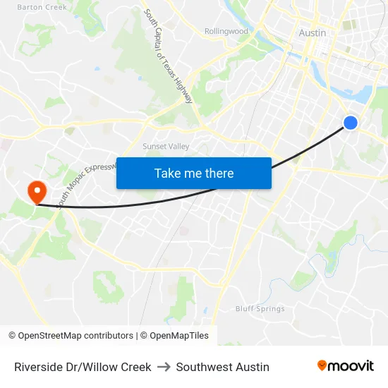 Riverside Dr/Willow Creek to Southwest Austin map