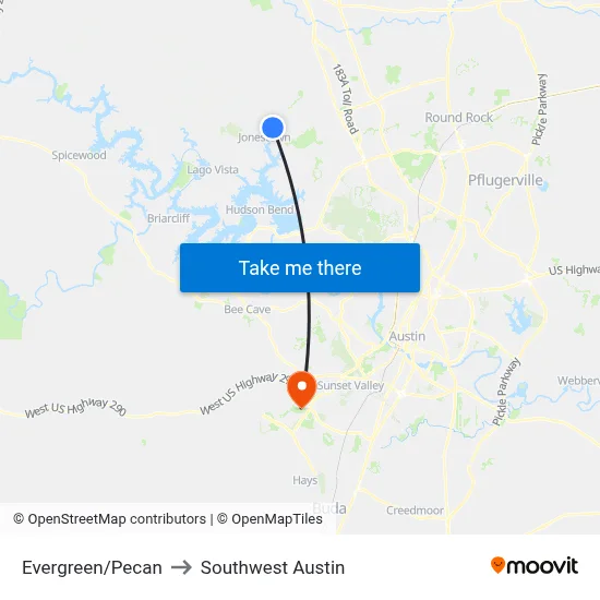 Evergreen/Pecan to Southwest Austin map