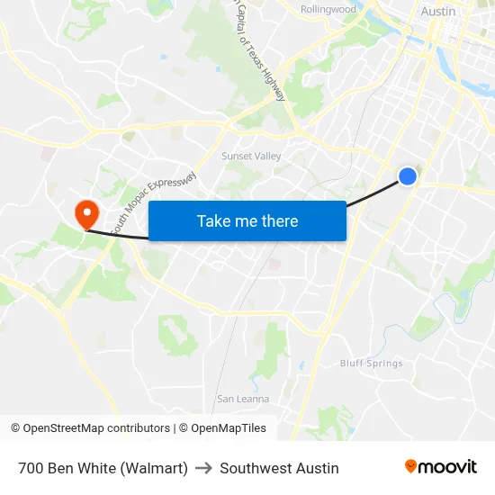 700 Ben White (Walmart) to Southwest Austin map