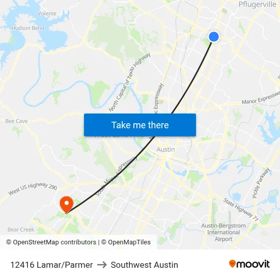 12416 Lamar/Parmer to Southwest Austin map