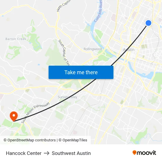 Hancock Center to Southwest Austin map
