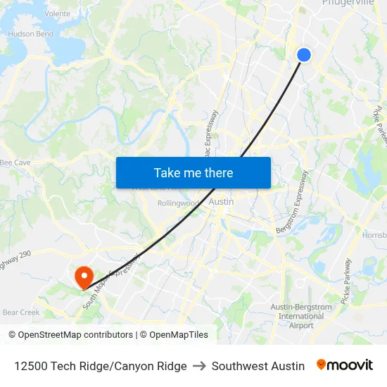 12500 Tech Ridge/Canyon Ridge to Southwest Austin map