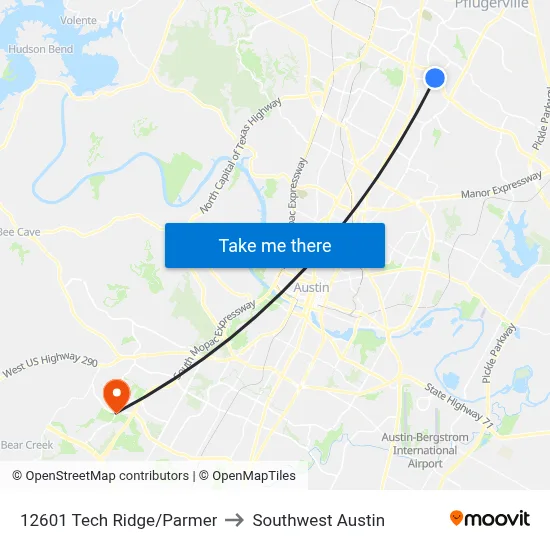 12601 Tech Ridge/Parmer to Southwest Austin map