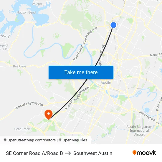 SE Corner Road A/Road B to Southwest Austin map
