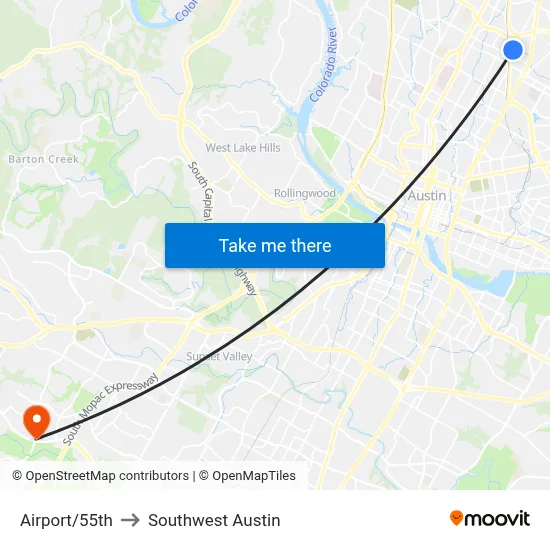 Airport/55th to Southwest Austin map