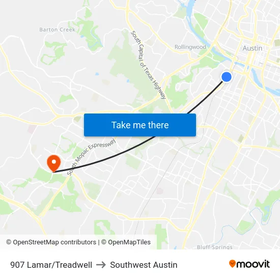 907 Lamar/Treadwell to Southwest Austin map