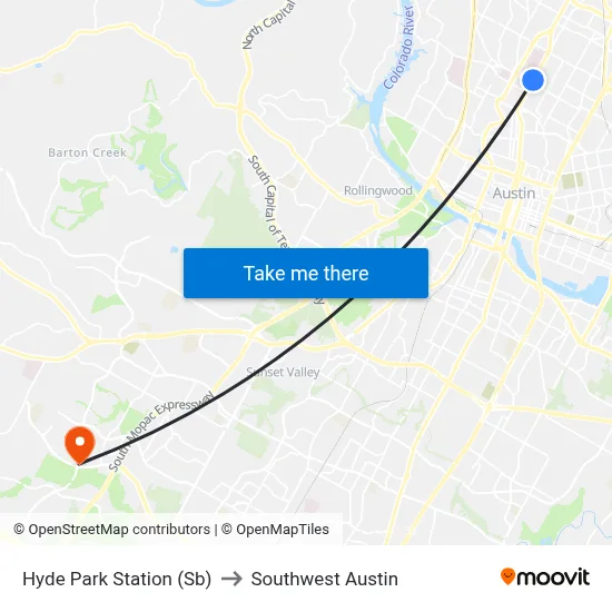 Hyde Park Station (Sb) to Southwest Austin map