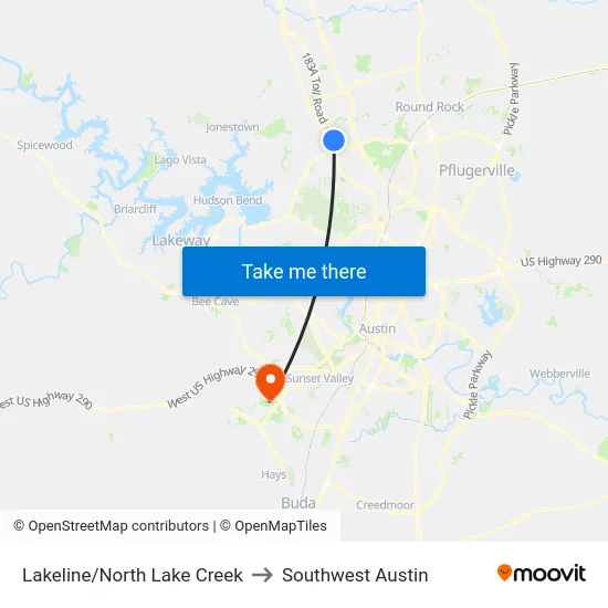 Lakeline/North Lake Creek to Southwest Austin map