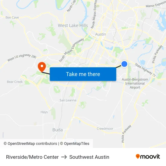 Riverside/Metro Center to Southwest Austin map