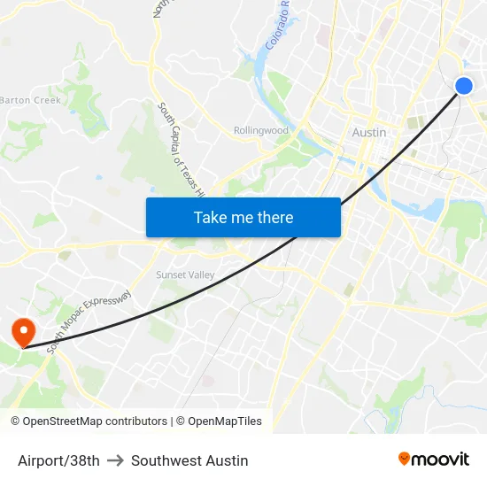 Airport/38th to Southwest Austin map