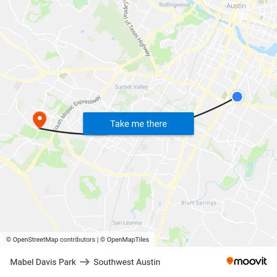 Mabel Davis Park to Southwest Austin map