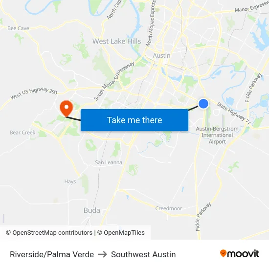 Riverside/Palma Verde to Southwest Austin map