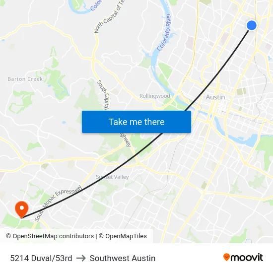 5214 Duval/53rd to Southwest Austin map
