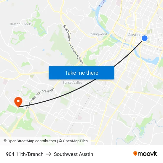 904 11th/Branch to Southwest Austin map