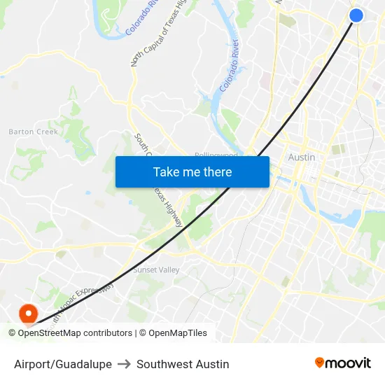 Airport/Guadalupe to Southwest Austin map