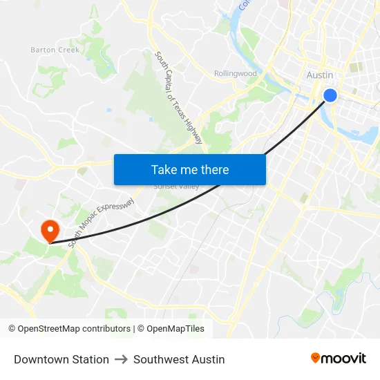 Downtown Station to Southwest Austin map